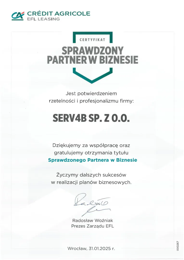 Firma Serv4b otrzymała tytuł „Sprawdzonego Partnera w Biznesie” od EFL